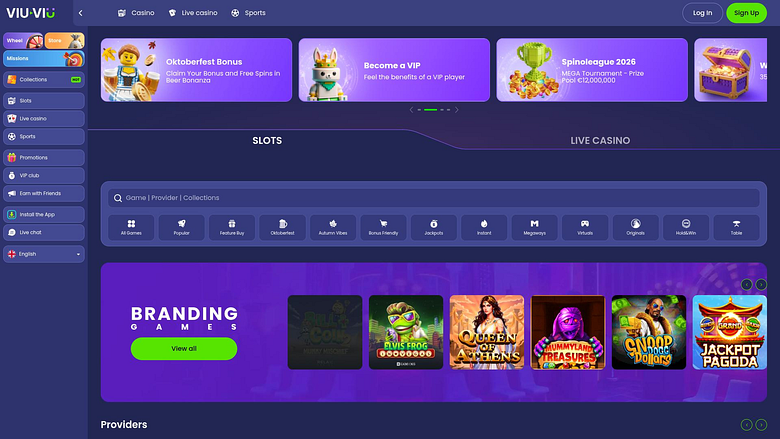 Página de inicio de escritorio del casino ViuViu