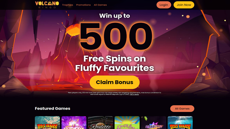 Page d'accueil de Volcano Bingo Casino sur ordinateur
