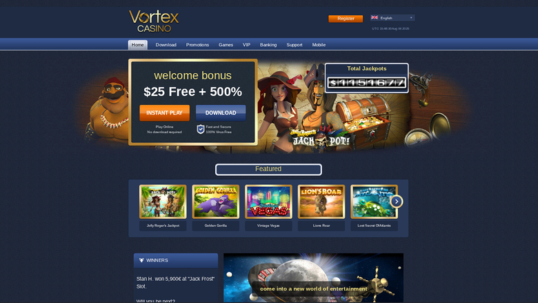 Page d'accueil de bureau de Vortex Casino