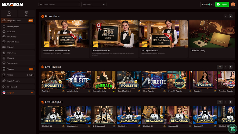 Homepage desktop di Wageon Casino