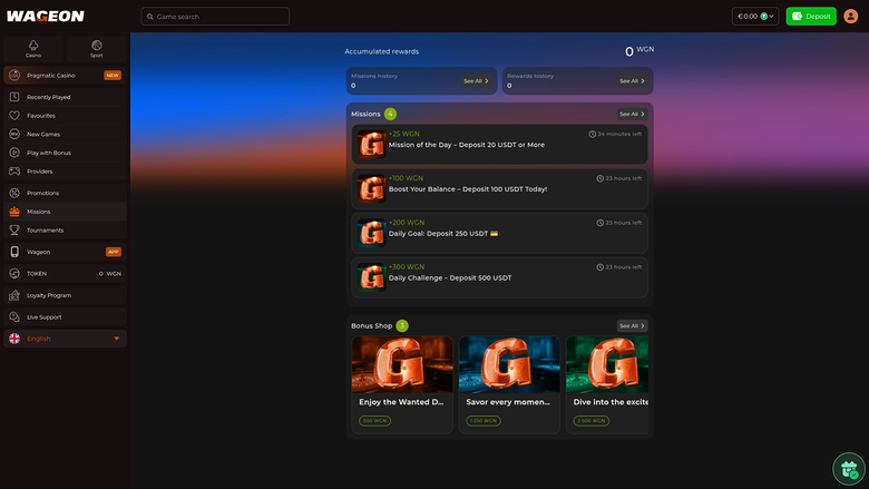 Missioni desktop del casinò Wageon