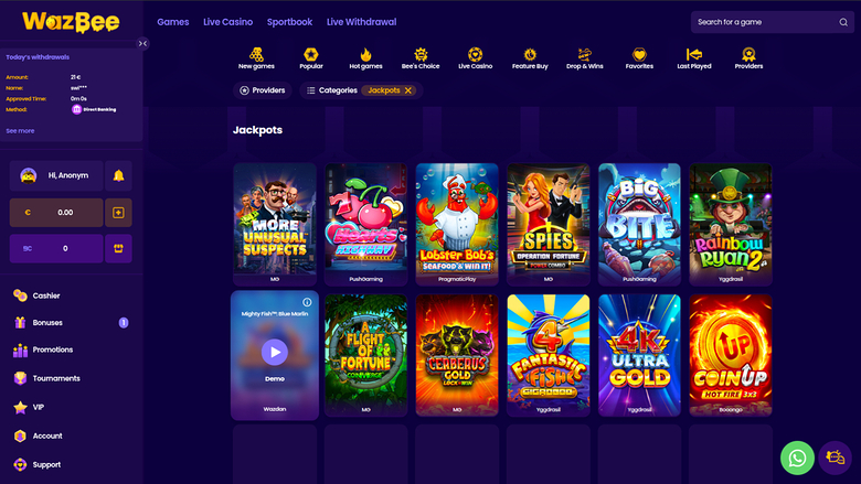 Jackpot sur bureau de Wazbee Casino