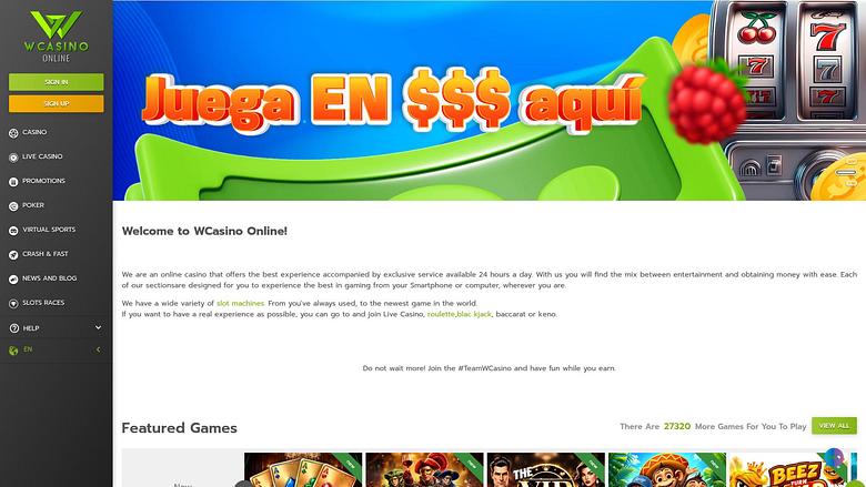 Page d'accueil de WCasino Online pour ordinateur
