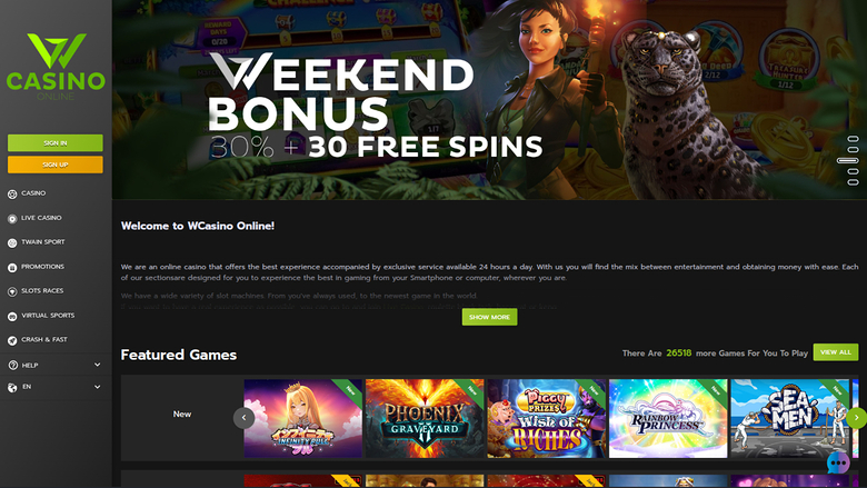 Page d'accueil de bureau de WCasino Online