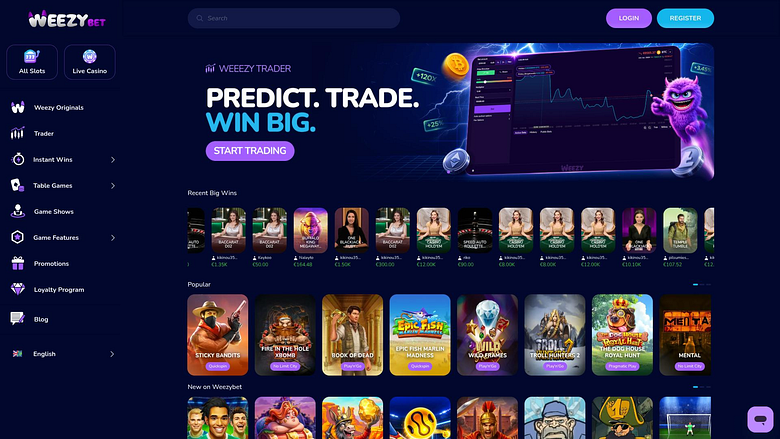 Page d'accueil du casino WeezyBet pour ordinateur