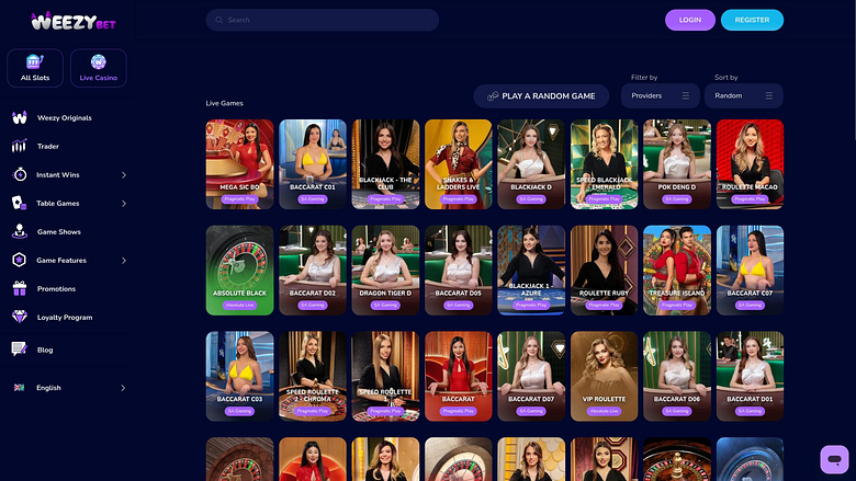 WeezyBet Casino sur ordinateur avec croupier en direct