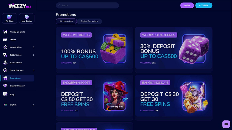 Promotions pour ordinateur de bureau du casino WeezyBet
