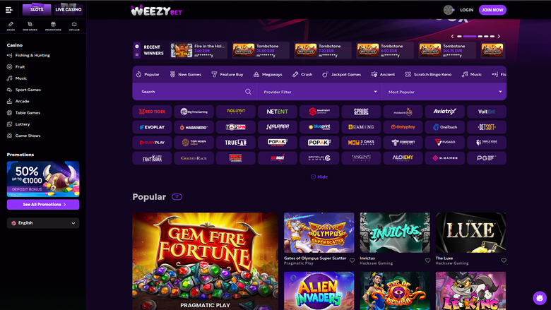  WeezyBet Casino Spieleentwickler Desktop