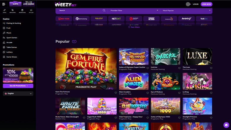 WeezyBet Casino Spiele Desktop