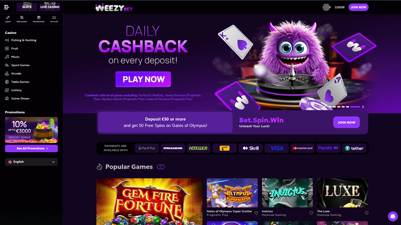 WeezyBet Casino Startseite Desktop