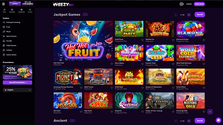WeezyBet Casino Jackpot Desktop