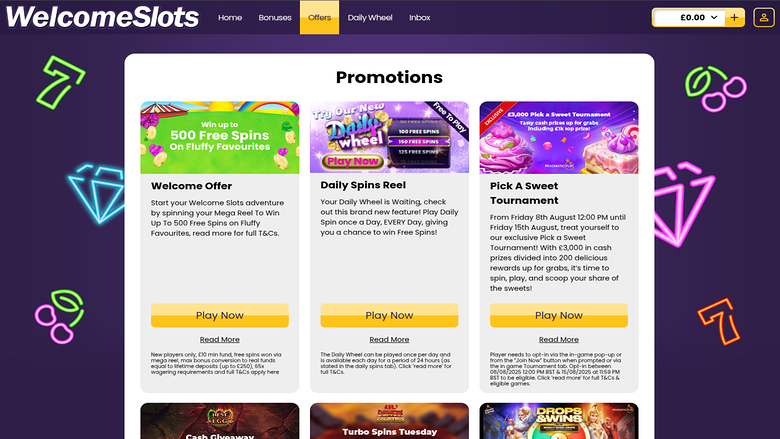 Promozioni di Welcome Slots Casino su desktop