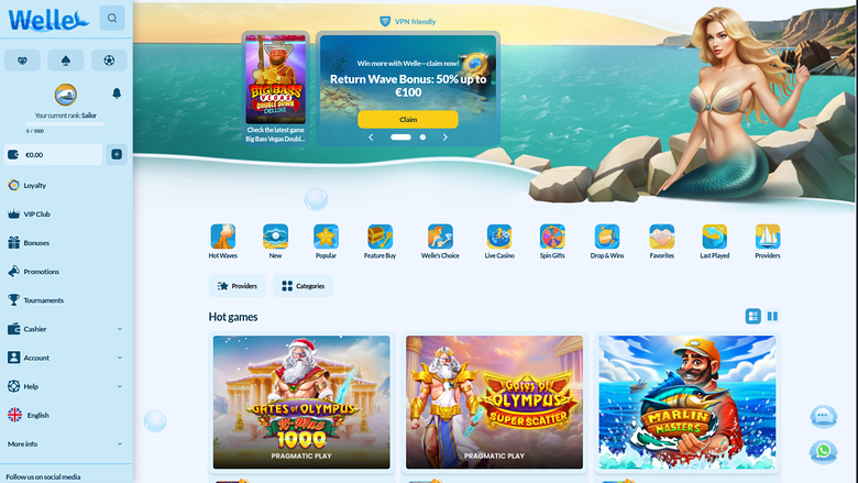 Welle Casino Desktop Homepage