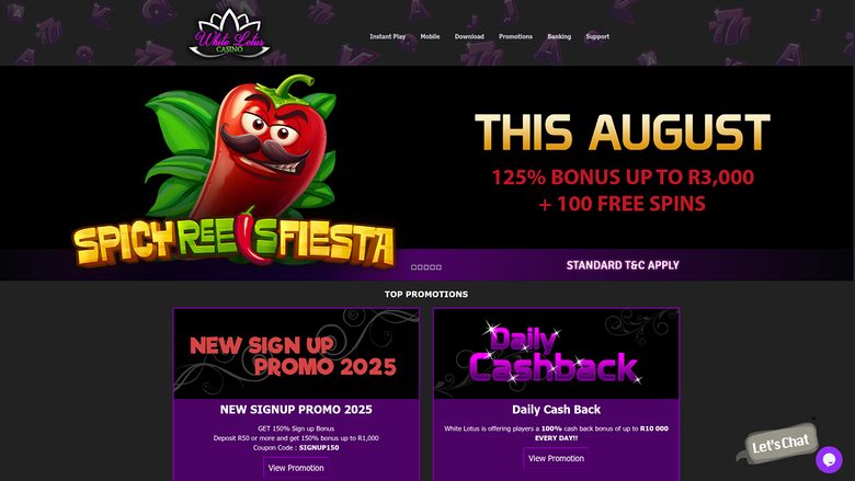 Página de inicio de White Lotus Casino en escritorio