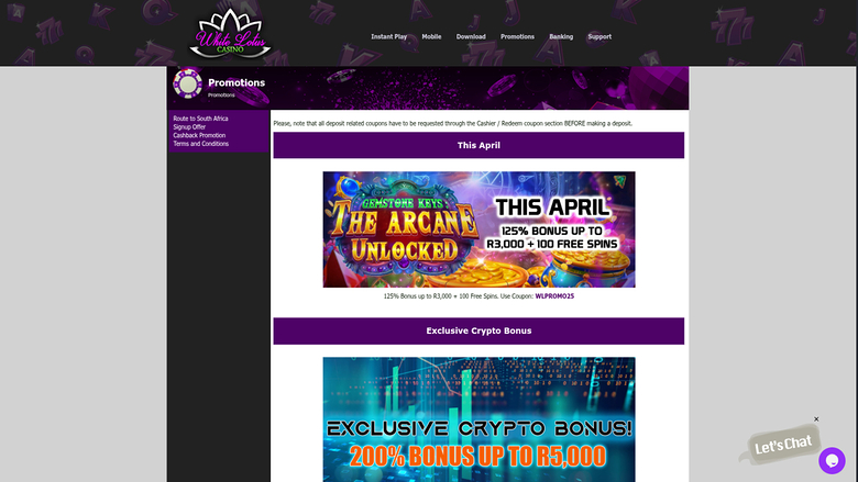 Promociones de White Lotus Casino en escritorio