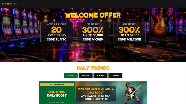 Promociones de Wicked Plays Casino para ordenador
