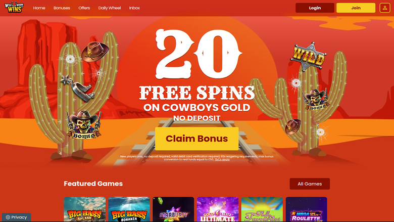 Page d'accueil de Wild West Wins sur ordinateur
