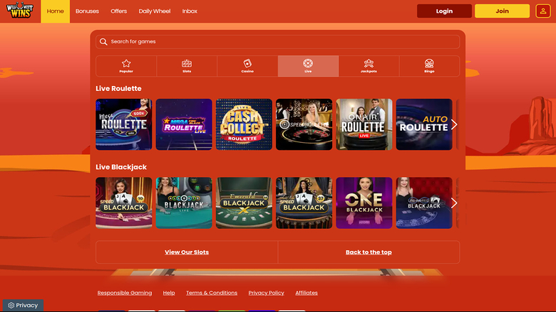 Croupiers en direct de Wild West Wins sur ordinateur