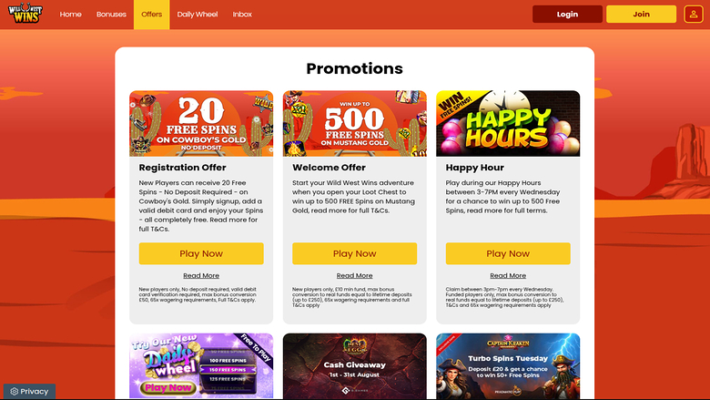 Promotions de Wild West Wins sur ordinateur