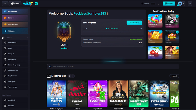 Wild7 Casino Desktop-Startseite