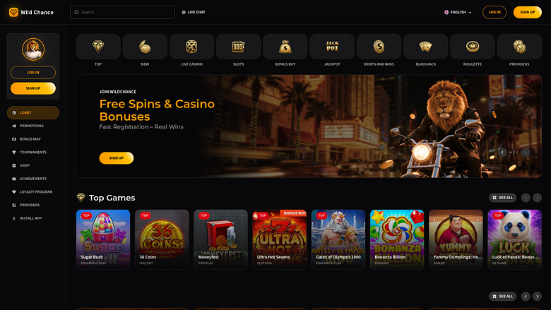 Página de inicio de escritorio del casino Wild Chance