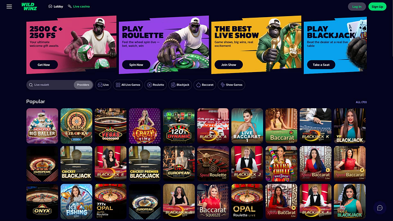 WildWinz Casino live dealer page