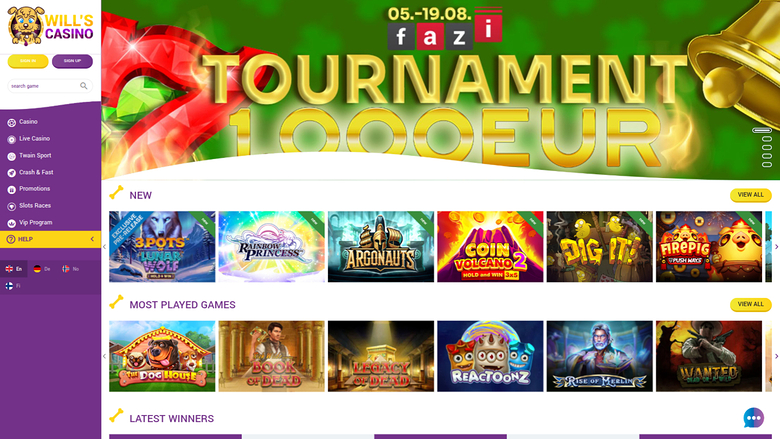 Page d'accueil sur ordinateur de Wills Casino