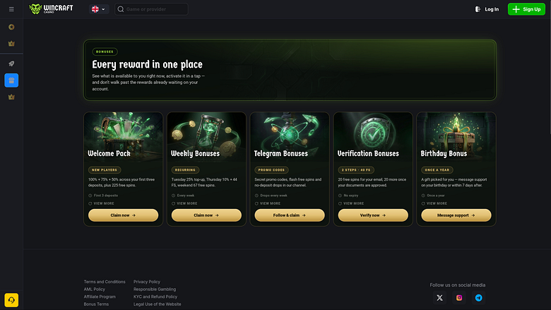WinCraft Casino Desktop-Aktionen
