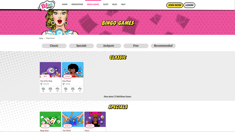 Juegos de bingo de escritorio de Wink Bingo Casino