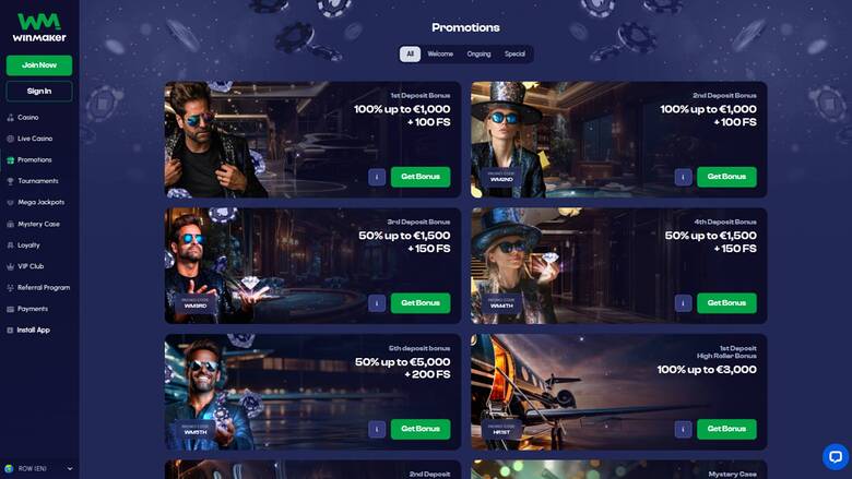 Screenshot della pagina delle promozioni di Winmaker Casino 