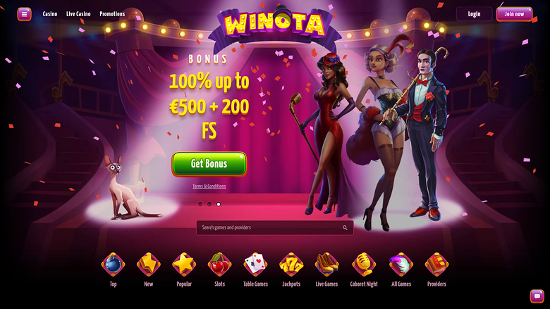 Page d'accueil sur ordinateur de Winota Casino