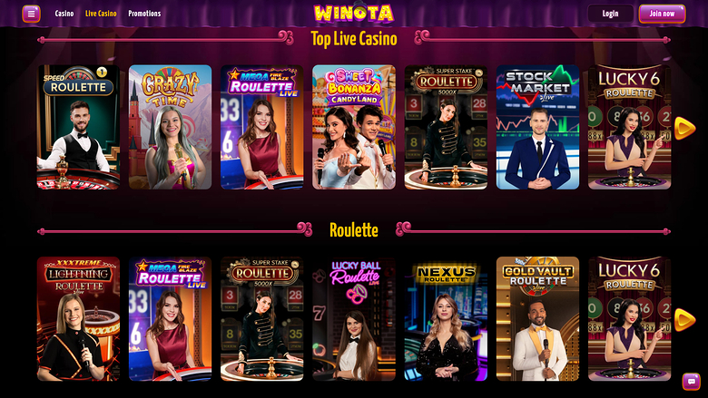 Croupier en direct sur ordinateur de Winota Casino