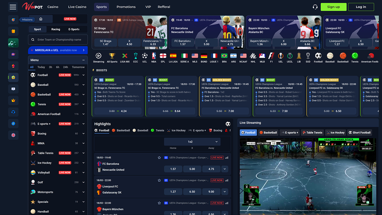 Apuestas deportivas de escritorio en WinPot Casino