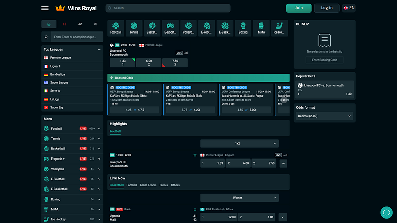 Scommesse sportive da desktop di Wins Royal Casino