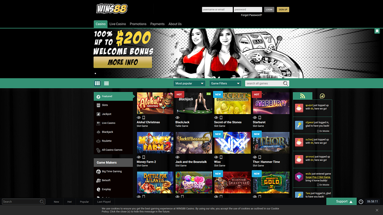 Homepage desktop di Wins88 Casino