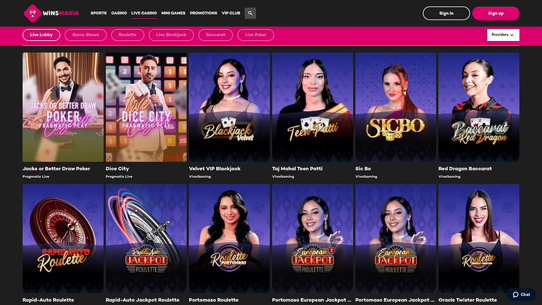 Live dealer desktop di WinsMania Casino