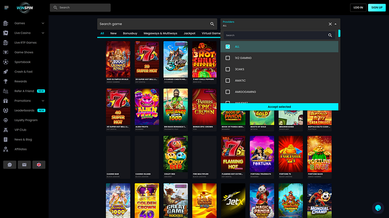 Screenshot della pagina degli sviluppatori di giochi di WinSpin Casino