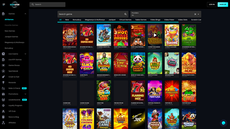 Screenshot della pagina dei giochi del casinò WinSpin