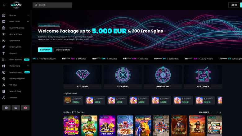 Screenshot della homepage di WinSpin Casino