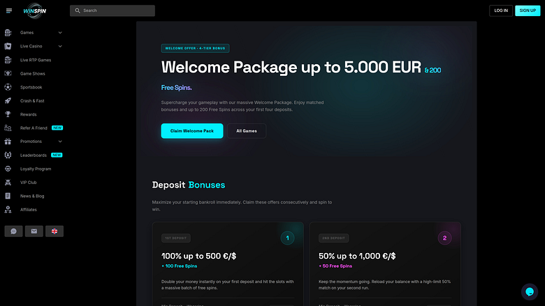 Screenshot delle promozioni di WinSpin Casino