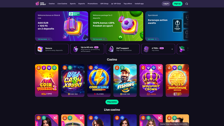 Homepage desktop di WinSpirit Casino