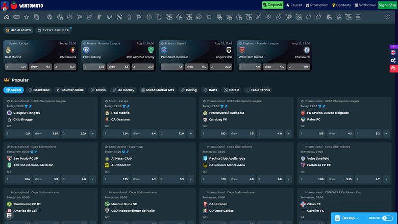 Sports de bureau de Wintomato Casino