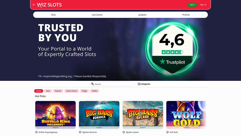 Page d'accueil de bureau de Wiz Slots Casino