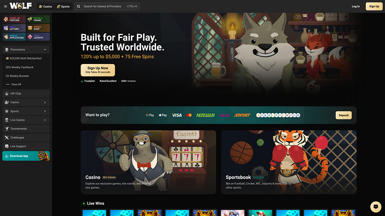 Pagina iniziale desktop del casinò Wolf.io