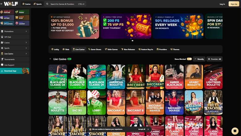 Captura de pantalla de la página en vivo de Wolf.io Casino