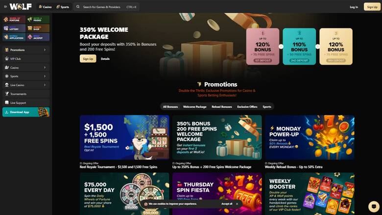 Captura de pantalla de promociones de Wolf.io Casino