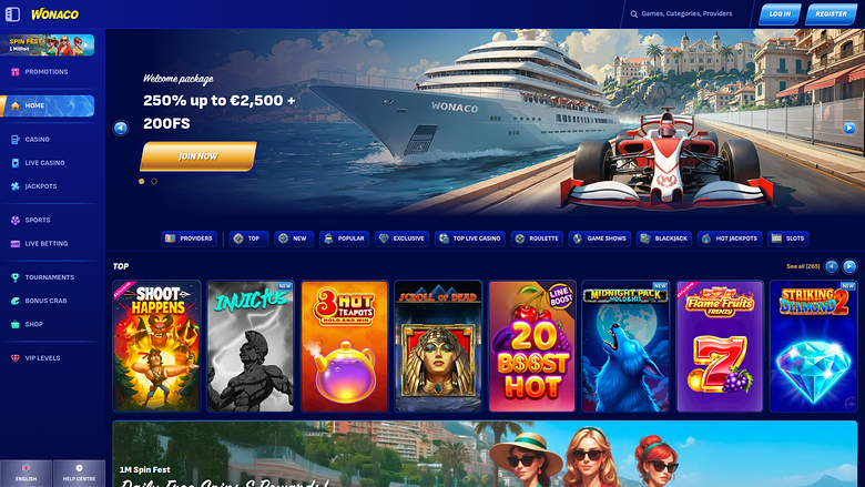 Página de inicio de escritorio de Wonaco Casino