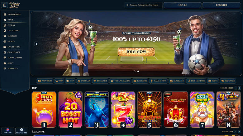 Screenshot della homepage di WonderLuck Casino