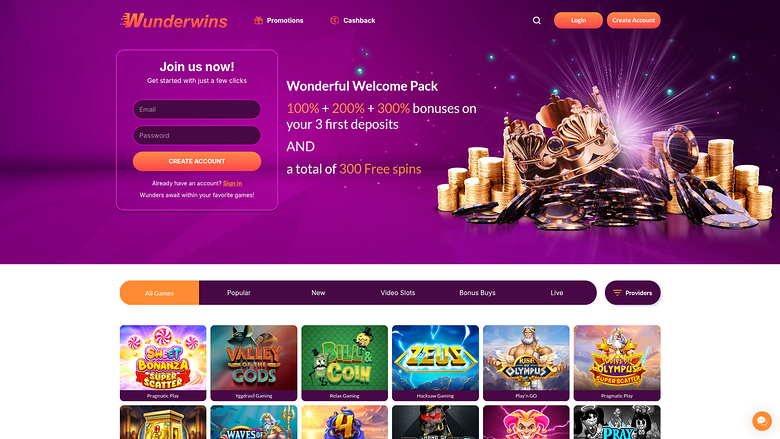 Homepage desktop di Wunderwins