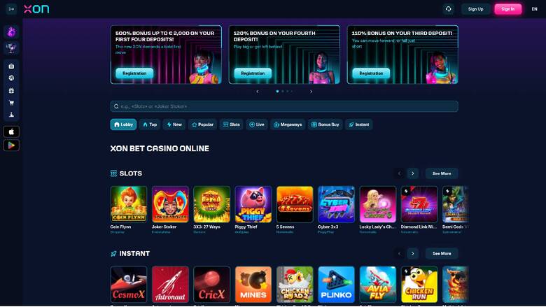 Homepage-Screenshot von Xonbet Casino